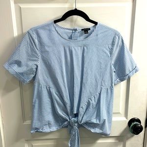 Ann Taylor striped blue and white tie front blouse
